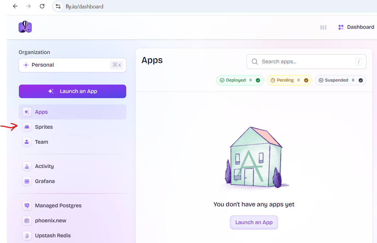 The fly.io dashboard with the Sprites entry in the sidebar